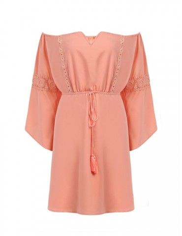 Off-shoulder Patchwork Drawstring Waist 3/4 Sleeve Women Mini Dress