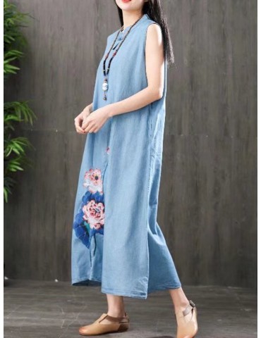 Vintage Embroidered Sleeveless Stand Collar Denim Maxi Dresses