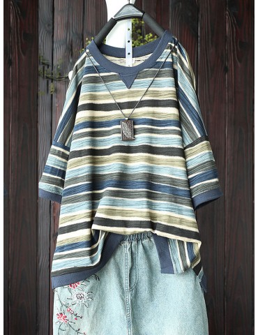 Striped Short Sleeve Round Neck Women T-Shirt