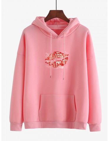 Casual Print Lips Hooded Pocket Sweatshirt