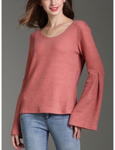Solid Color Knitted Horn Sleeve Women Sweater