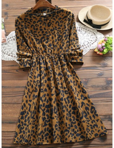 Corduroy Stand Collar Long Sleeve Leopard Dress