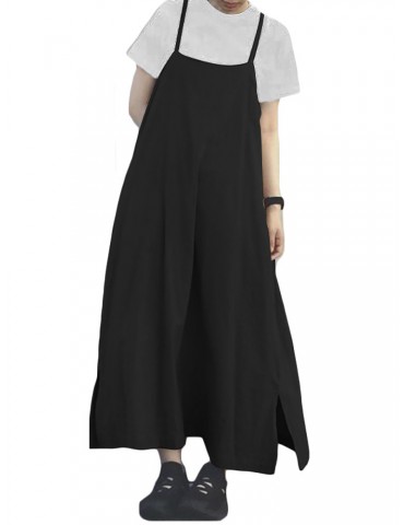 Spaghetti Straps Solid Color Loose Split Plus Size Vintage Dress