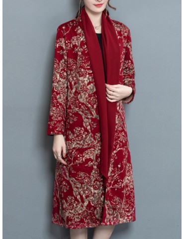 Elegant Print Fake Two Piece Side Split Thin Coat