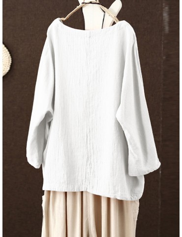 Solid Color Crew Neck Long Sleeve Plus Size Blouse