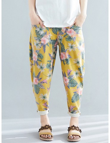 Vintage Print Pockets Elastic Waist Pants for Women