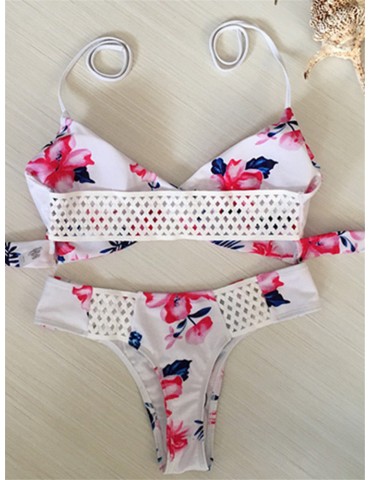 Sexy Floral Printed Halter Criss-cross Back Bathing Suits Deep Plunge String Bikinis