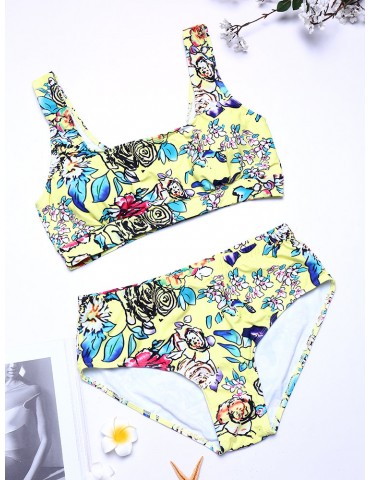 Women Plus Size High Waist U Neck Printed T-shirt Bikini Suit