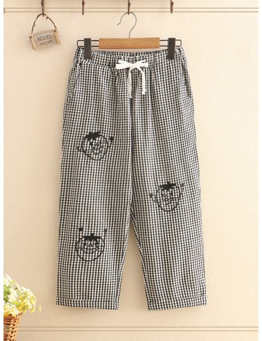 Plaid Cartoon Drawstring Casual Black&White Pants