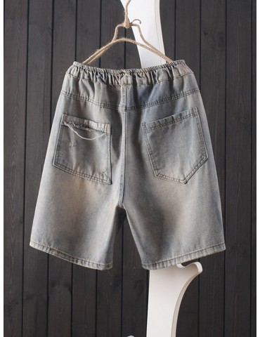 Geometric Embroidery Patch Ripped Short Jeans For Women