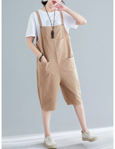 Solid Color Overall Casual Cropped Romper For Women