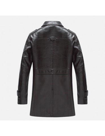 Lapel Collar Solid Color Motorcycle Epaulet Faux Leather Jacket for Men