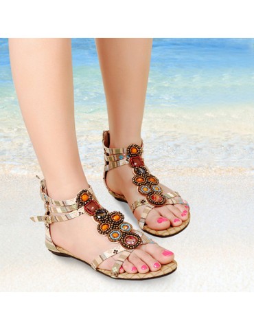 Women Shoes Bohemia Flat Bead Zipper Canvas Sandals