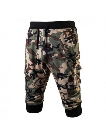 Mens Camo Printing Knitted Drawstring Zipper Pocket Casual Sport Shorts
