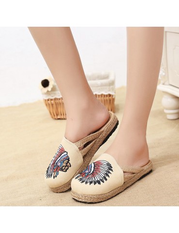 Embroidered Open Heel flax National Wind Slip On Slippers