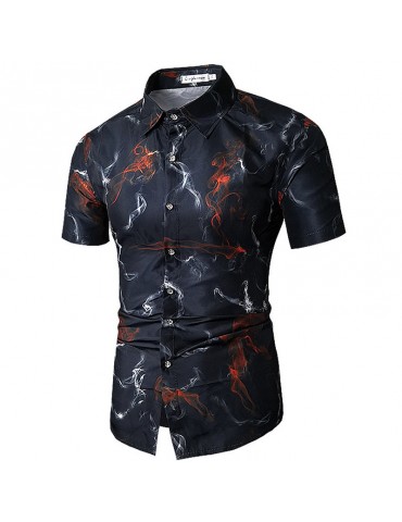 Men Black Casual Smoke Printing Slim Fit Short Sleeve Shirts