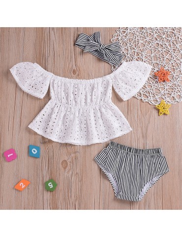 Lace Striped Girls Sets Trumpet Sleeve Tops +Shorts For 0-2Years