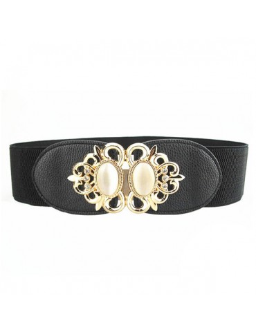 Women Elastic Stretch Corset Waistband Metal Button Diamond Waist Belt